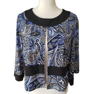 R&K Black Blue Paisley Print Open Cropped Jacket Sz L